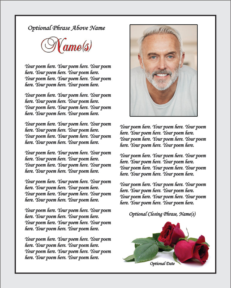 Your Poem In Beautiful Red Rose Design. 8x10 Inch Unframed Print