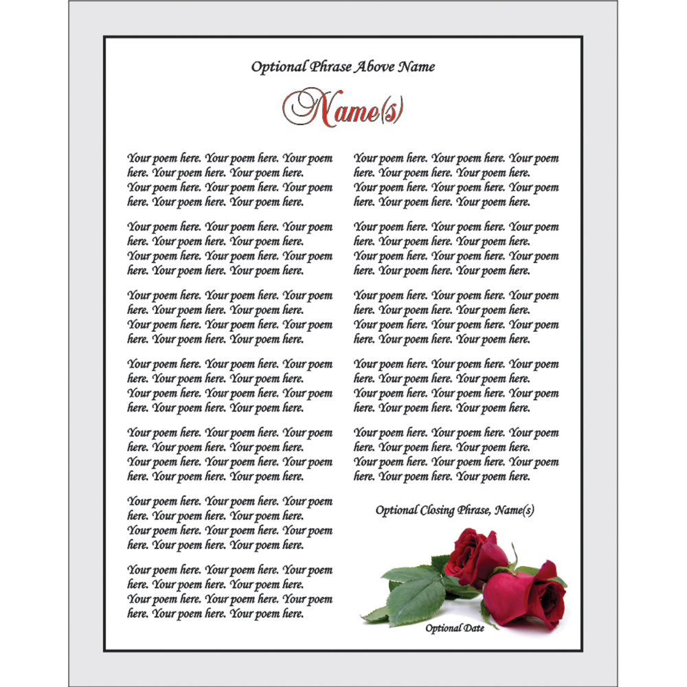 Your Poem In Beautiful Red Rose Design. 8x10 Inch Unframed Print