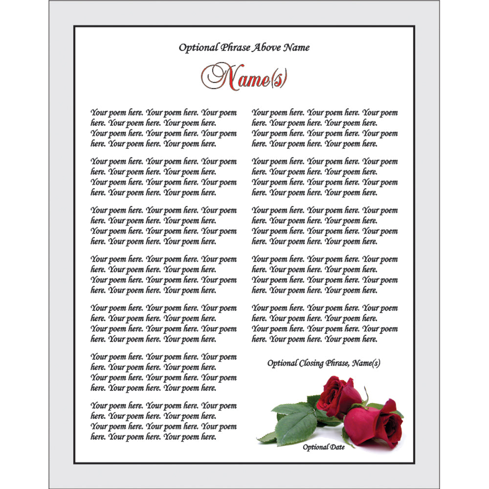Your Poem In Beautiful Red Rose Design. 8x10 Inch Unframed Print