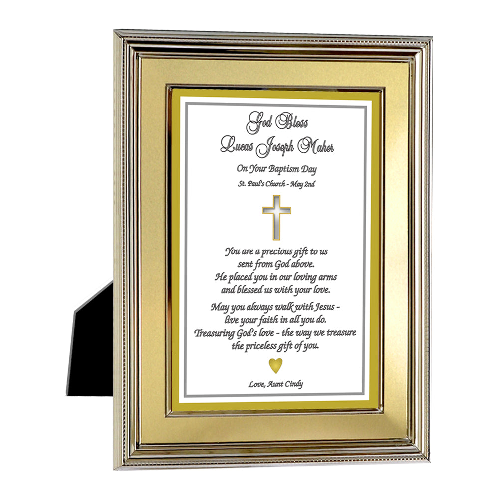 Personalized Baptism Present in Gold Metallic Frame